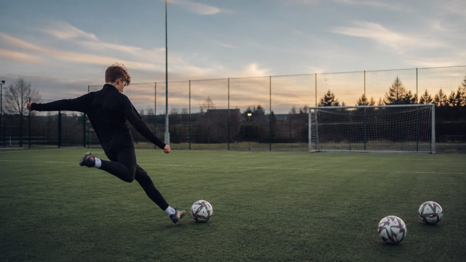 A young player alone on an artificial pitch at sunset, mid-strike towards an empty goal, with more footballs waiting.
